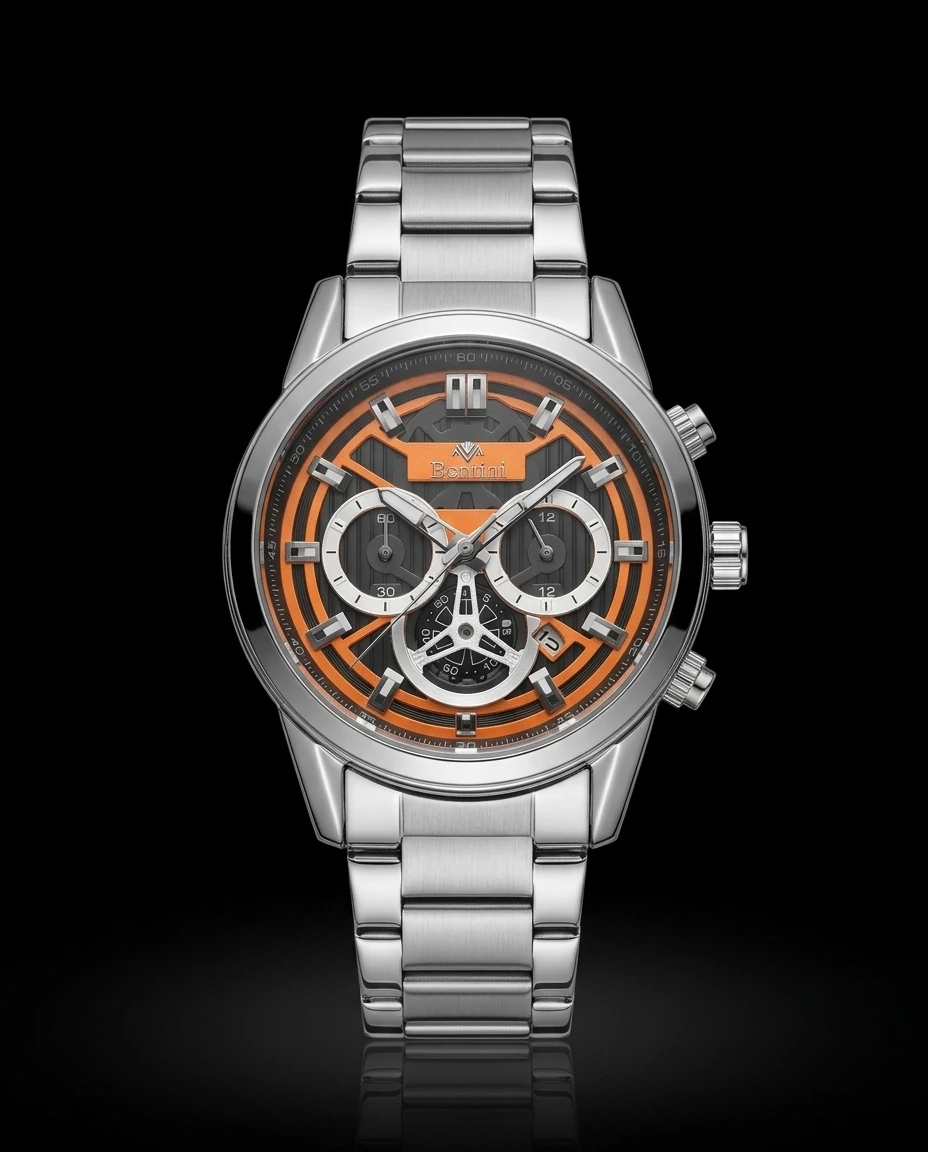 Bentini Aviatore erkek kol saati — quartz, 42 mm kasa, çelik kordon